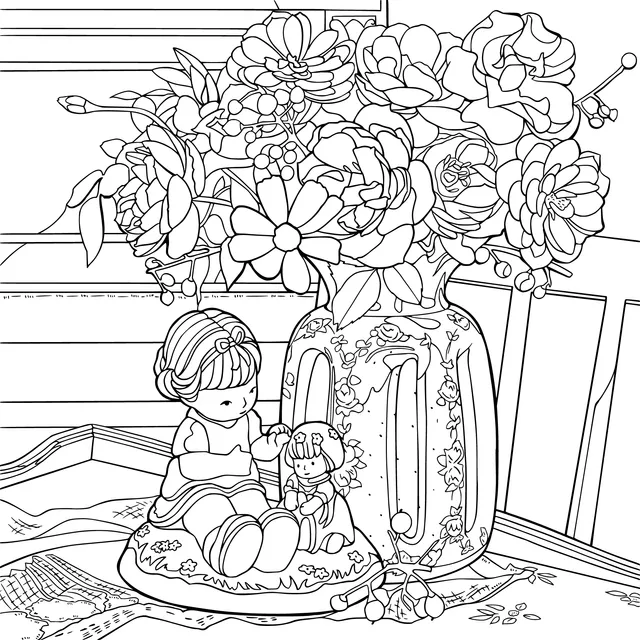Little girl and doll beside a bouquet