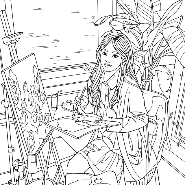 Woman painting by the window