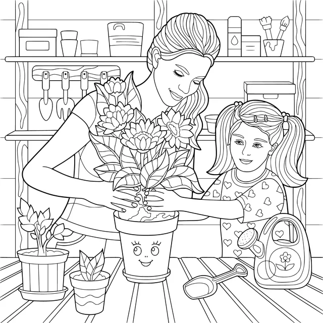 Mother and daughter planting flowers together