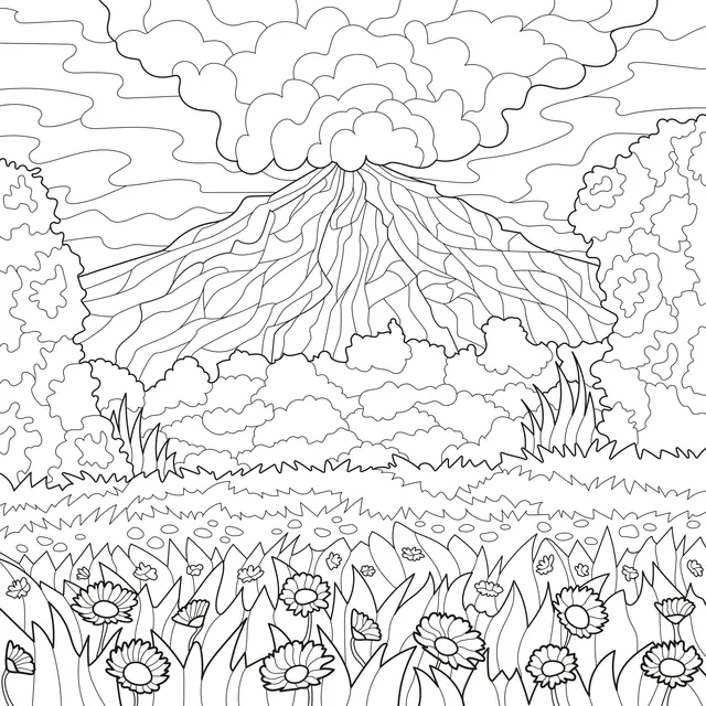 Volcano amidst blooming flowers and green fields