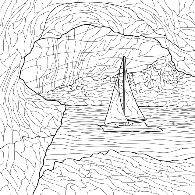 Red Sailboat Seen from a Cave