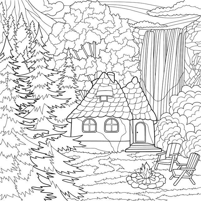 Cottage and Waterfall in the Forest