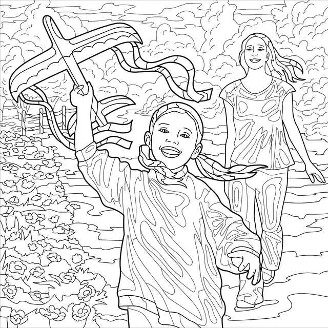 Mother and daughter flying a kite by the flower - bed