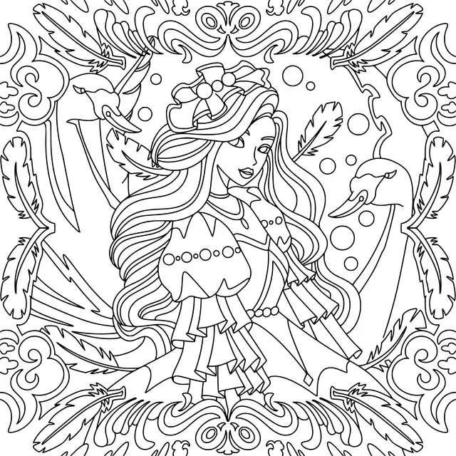 Long - haired fairy in a blue dress and swans
