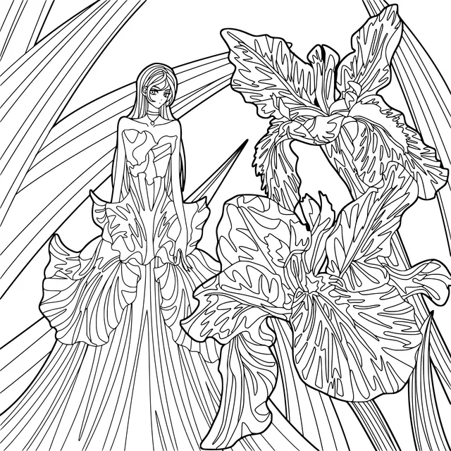 Woman in a Gorgeous Dress and Irises