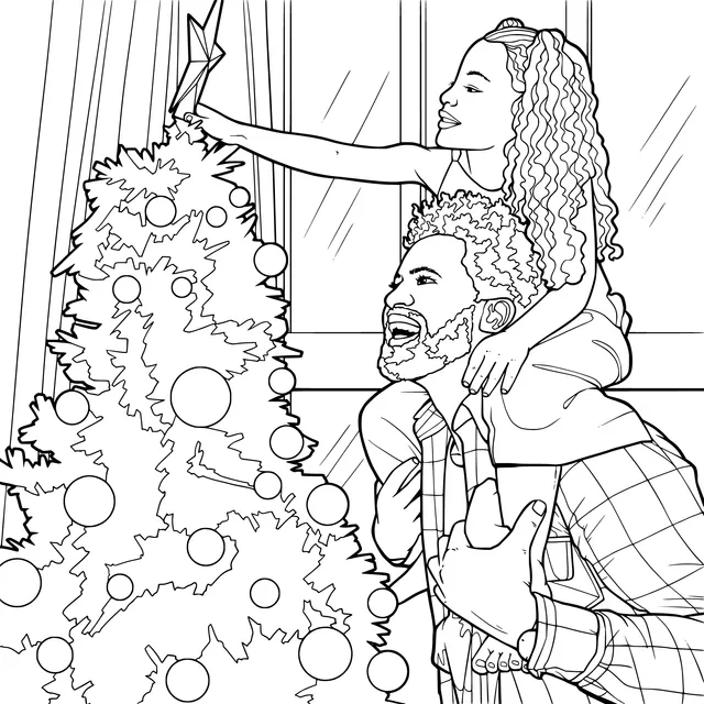 Father and daughter decorating the Christmas tree together
