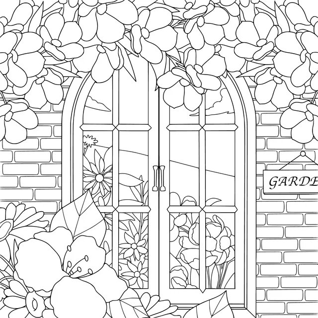 Window scene surrounded by blooming flowers