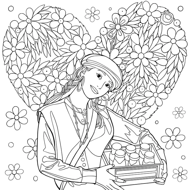 Lady Holding a Flower Box and Colorful Flower - Shaped Hearts