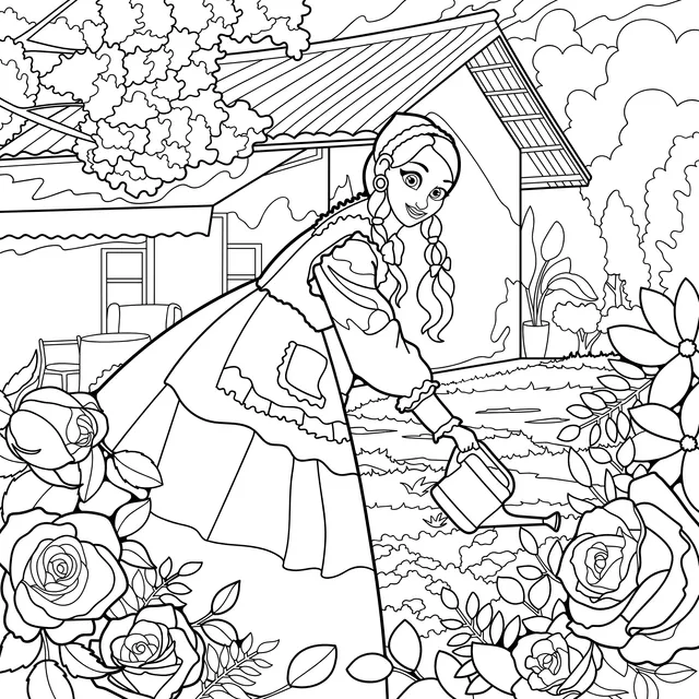 Girl watering flowers in the garden