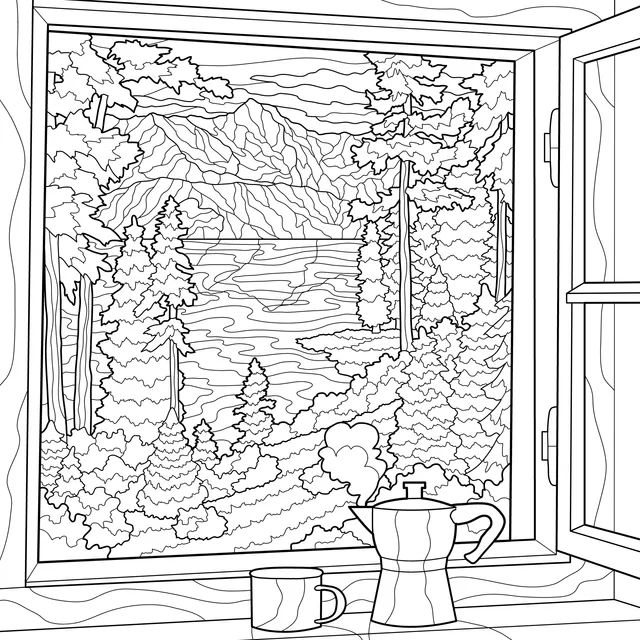 Mountain - lake scenery and coffee utensils by the window