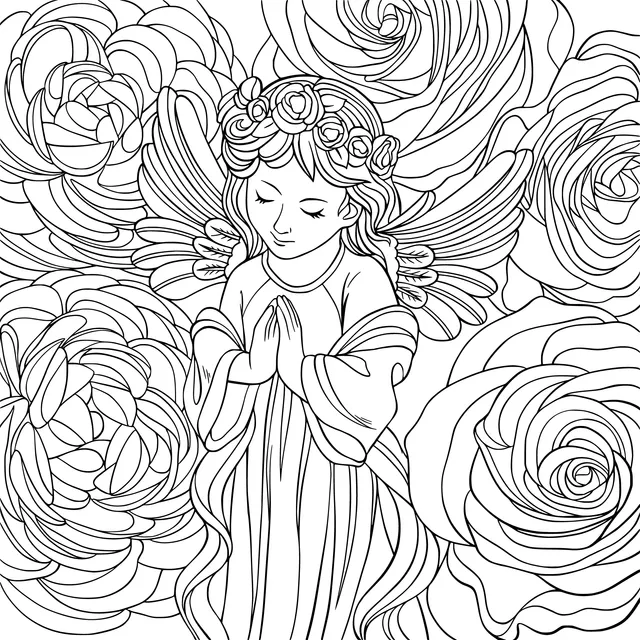 Praying Angel and Blooming Flowers