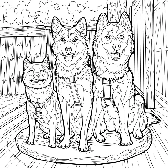 Three dogs sitting on a mat