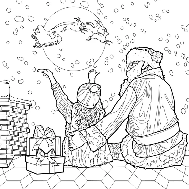 Santa Claus and the child admire the reindeer - drawn sleigh together