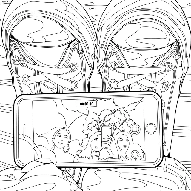 People taking a selfie viewed through a phone screen