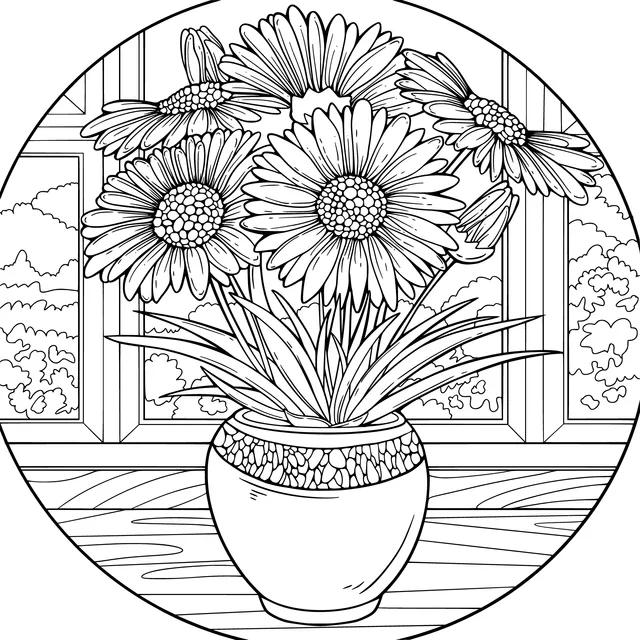 Colorful flowers in a vase by the window
