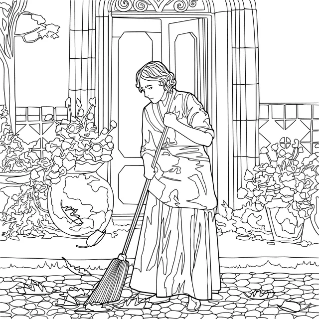 Woman Sweeping in Front of the Door