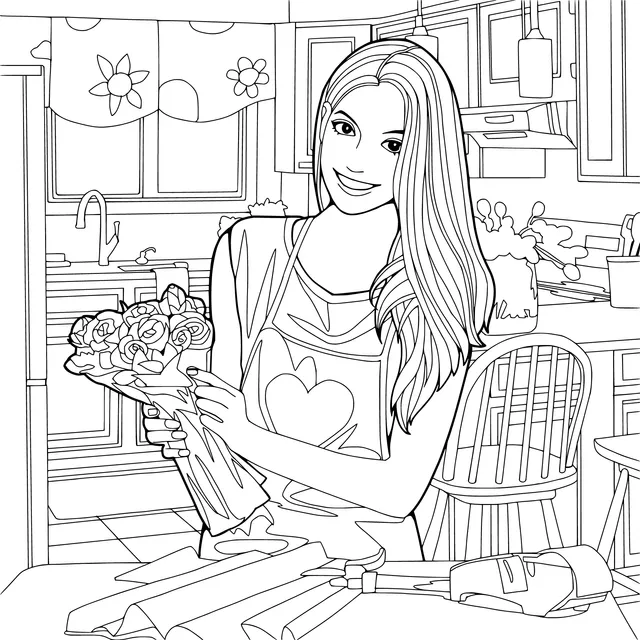 Lady holding a bouquet of flowers in the kitchen