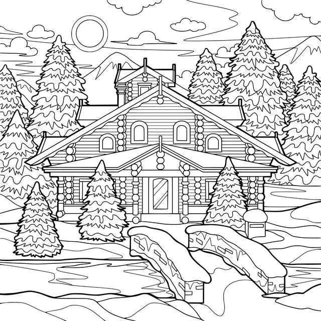 Mountain Cabin in the Snowy Night