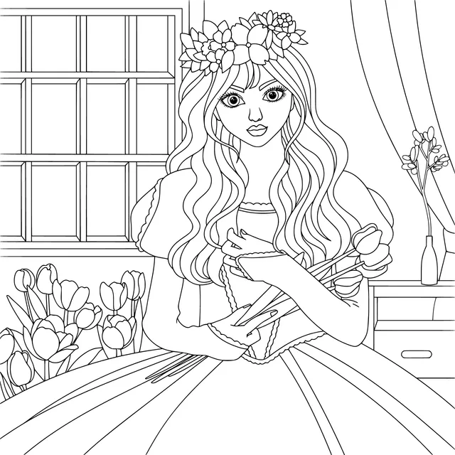 Girl in a Flower - print Dress Holding Tulips