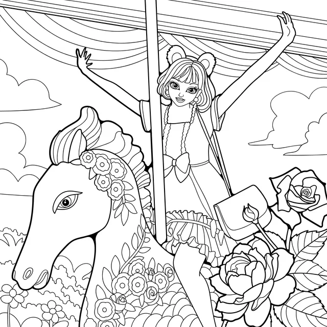 Girl joyfully playing on the carousel