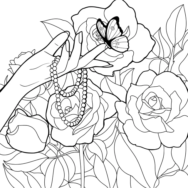 Hand, Bead Chain and Butterfly in Flower Cluster