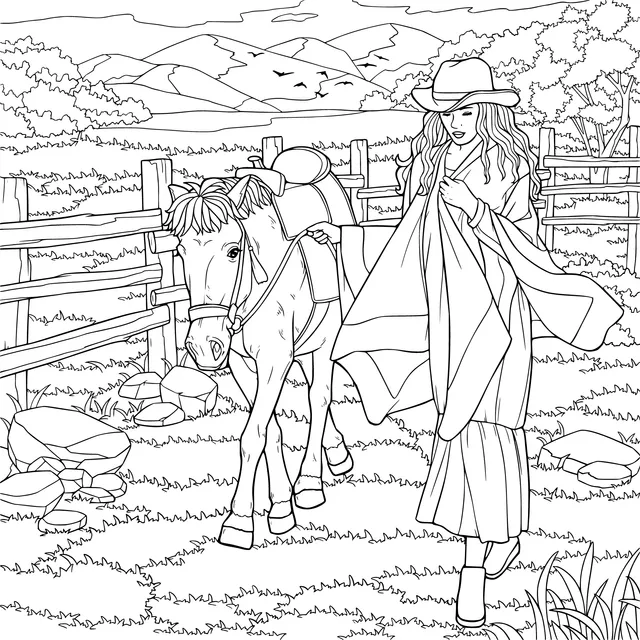 Woman strolling in the countryside with a horse