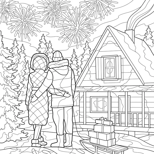 Couple embracing and enjoying fireworks in the snowy night with a log - cabin