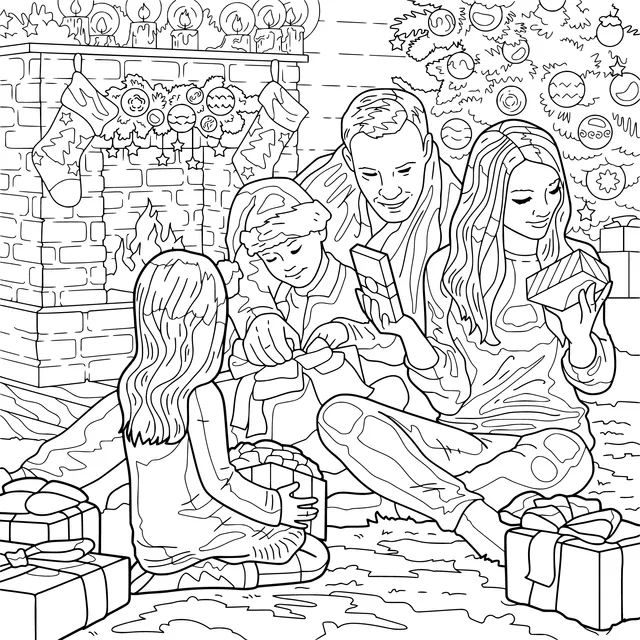 A family opening gifts on Christmas