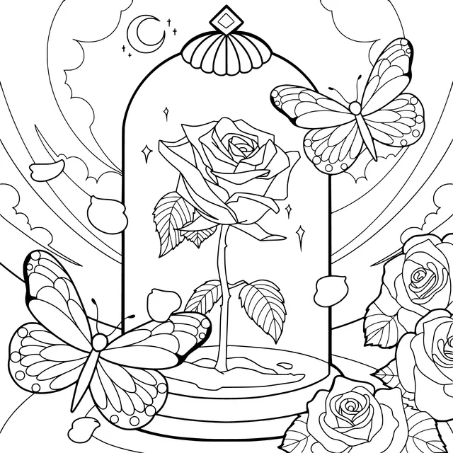 Rose and Butterflies in a Glass Dome