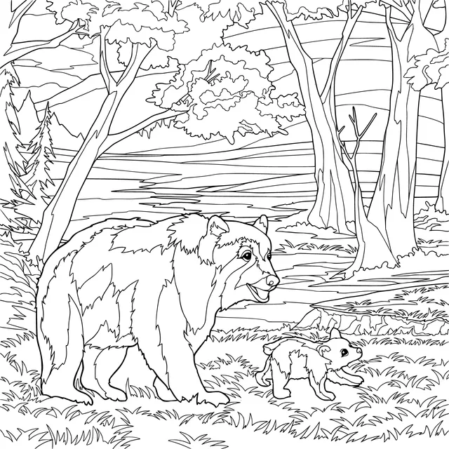 Mother Bear and Cub in the Forest