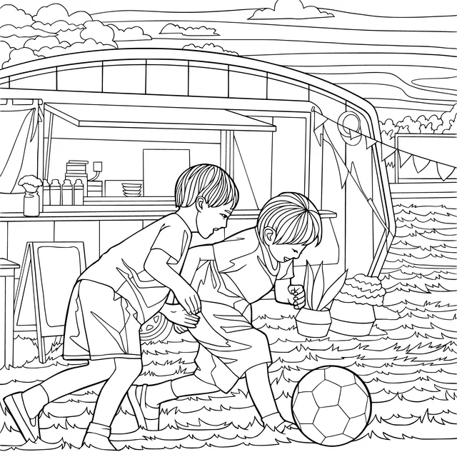 Two children playing football beside the campsite