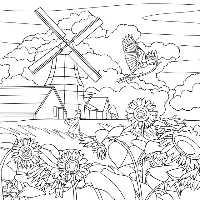 Windmill and Flying Bird in the Countryside