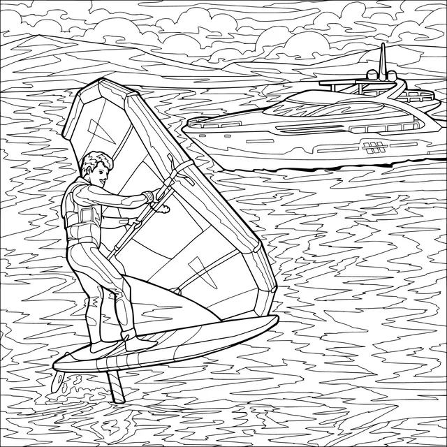 Windsurfing and Yacht on the Sea