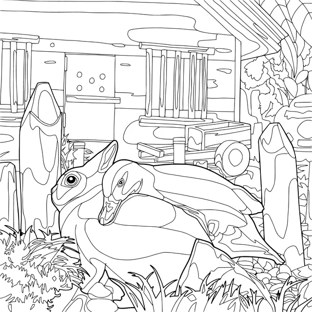 Rabbit and Duck beside the Log - cabin