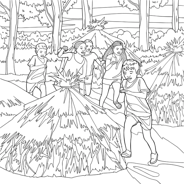 Children running among haystacks