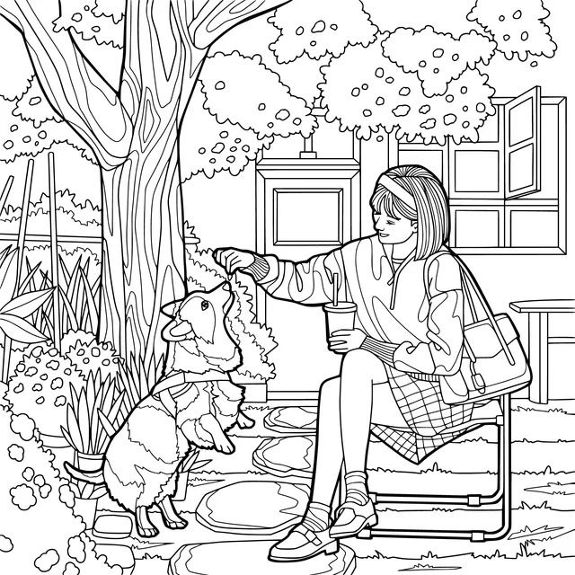 Girl feeding a dog outdoors