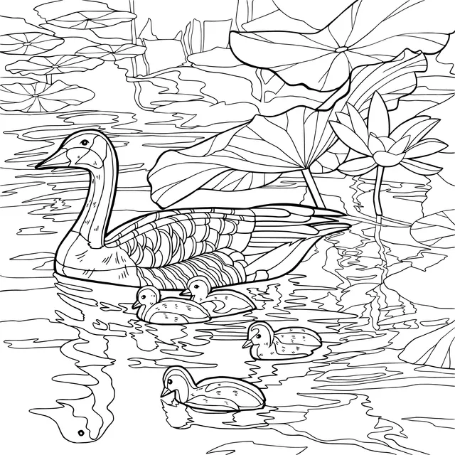 A goose and goslings in a lotus pond
