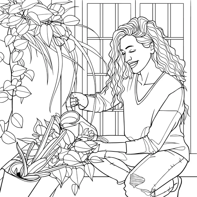 Woman watering green plants