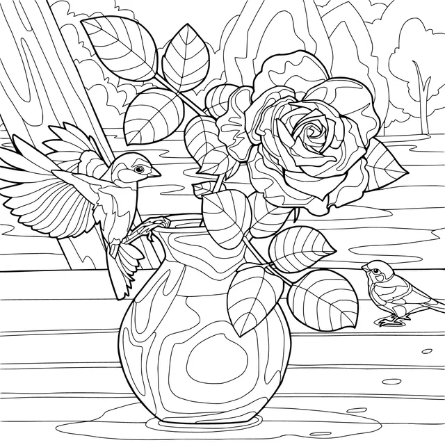 Roses in a Vase and Little Birds