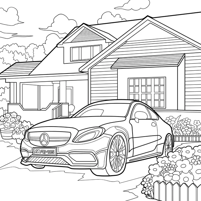 Pink luxury car parked in front of a wooden house