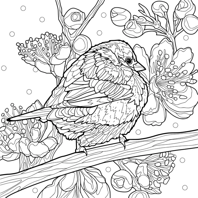 A small bird perched on flower - laden branches