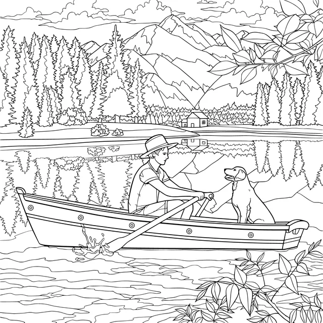 Man and dog rowing on the lake