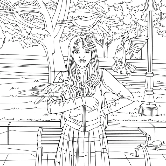 Girl interacting with pigeons in the park