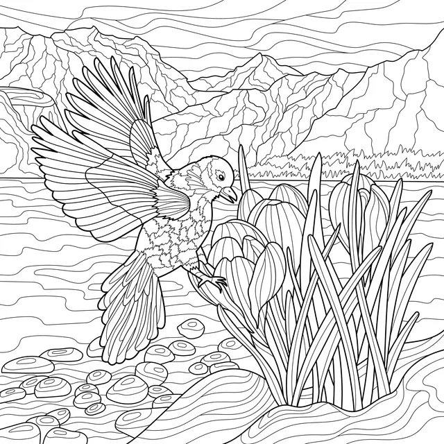 Bird and Blooming Flowers