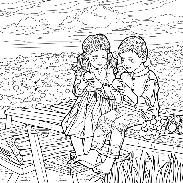 Children on a bench by the field