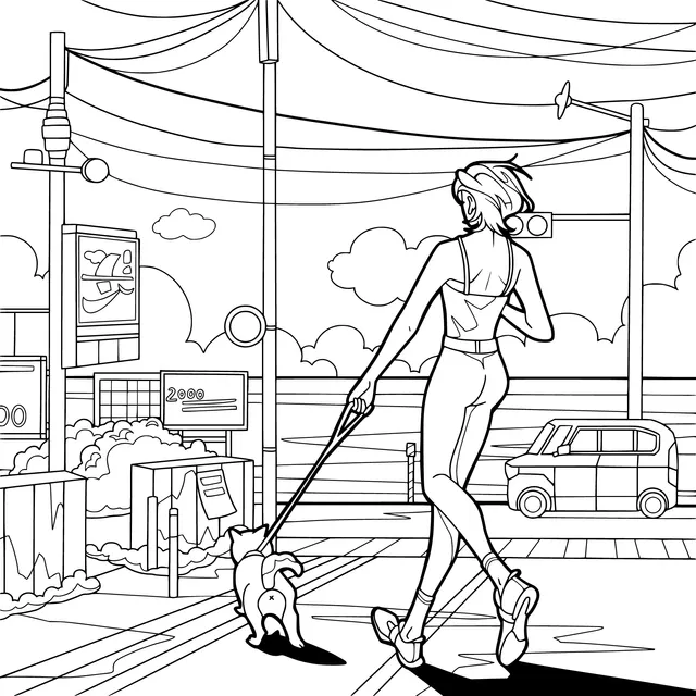 Woman walking a dog on a seaside street