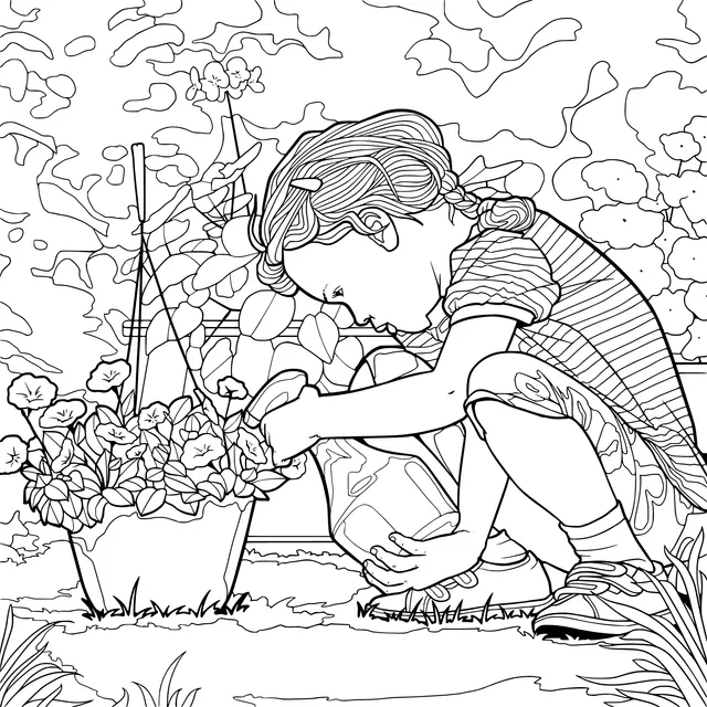 Girl watering flowers in the garden