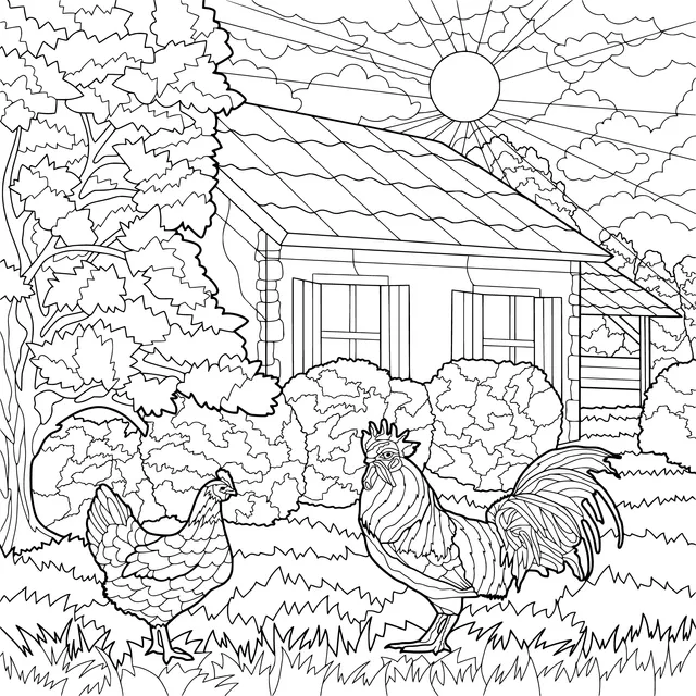 Chickens beside a rural cottage