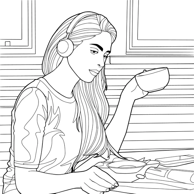 Woman drinking tea with headphones on
