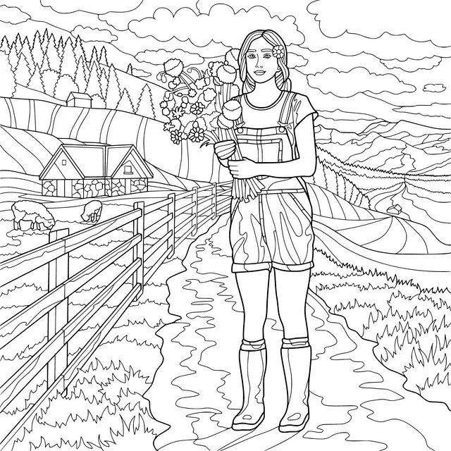 Flower - holding girl in the countryside